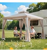 Sunjoy 10 x 10 ft. Soft Top Gazebo, Outdoor Patio Backyard Modern 2-Tier Steel Frame Gazebo with ...