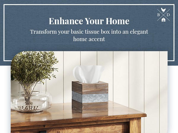 Rustic Metal Wood Square Tissue Box Cover Decorative Bathroom Facial Holder Farmhouse Country Decor