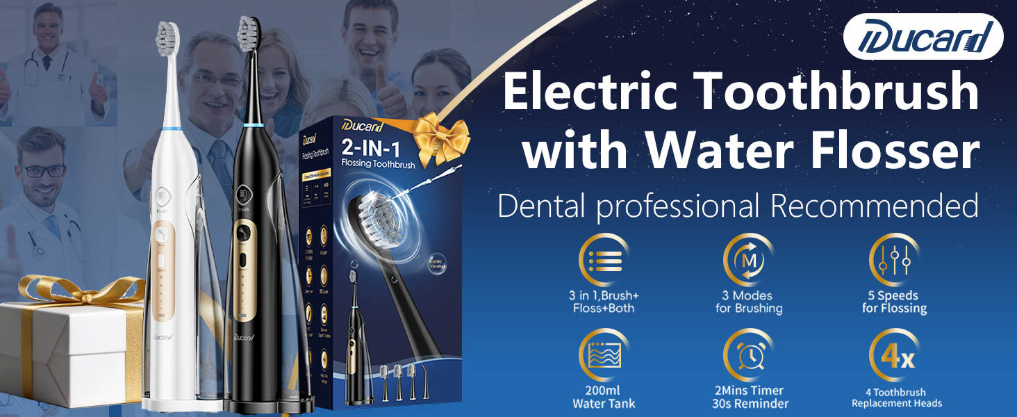 3-in-1 Electric Toothbrush with Water Flosser Combo for Adults, Cordless Flossing Toothbrush