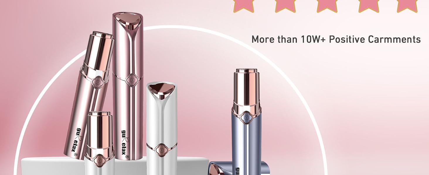 Beauty device collection displayed on white pedestals against pink background, featuring metallic silver and rose gold personal care tools with 5-star rating.