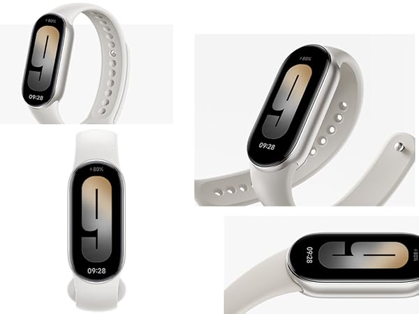 Modern fitness tracker or smart band with white strap and black display screen, shown from multiple angles against white background.