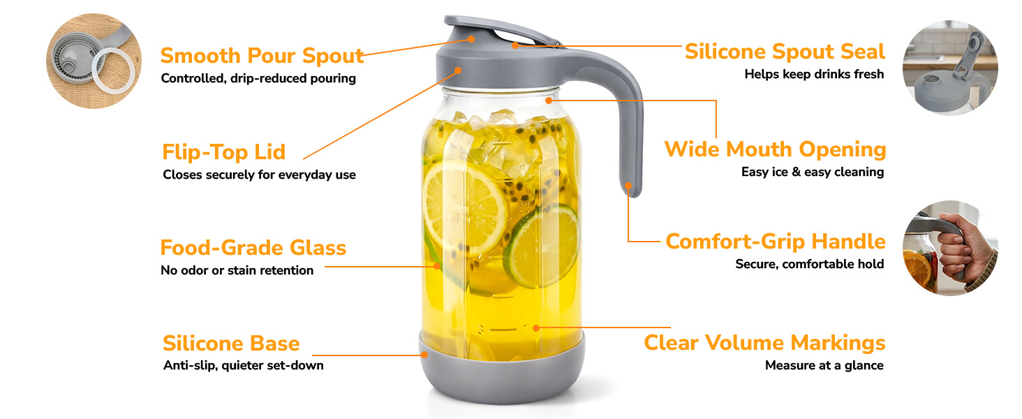 Glass Pitcher with Pour Spout Lid 2 Quart Mason Jar Pitcher