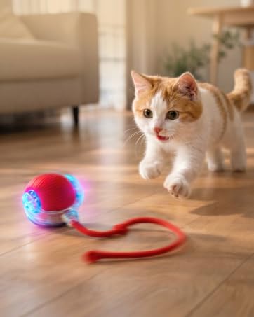 Smart cat toy ball moving on floor, perfect for kitten exercise and mental stimulation.