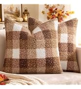 MIULEE Fall Plaid Pillow Covers Boucle Khaki White 18x18 Set of 2 | Autumn Decorations Farmhouse,...