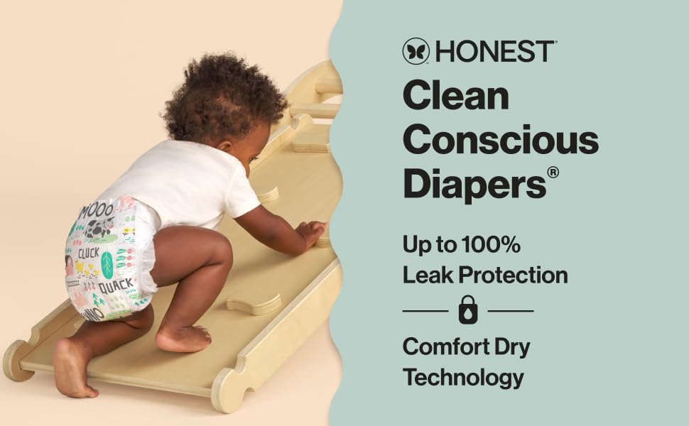 Clean Conscious Diapers. Up to 100% Leak Protection. Comfort Dry Technology