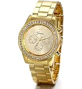 Gold-tone wristwatch with crystal-embellished bezel, chronograph subdials, and metal link bracelet. Features a round face with numeric markers and Geneva branding.