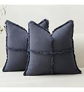 Hckot Set of 2 Decorative Linen Fringed Throw Pillow Covers Cozy Navy Blue Boho Farmhouse Cushion...