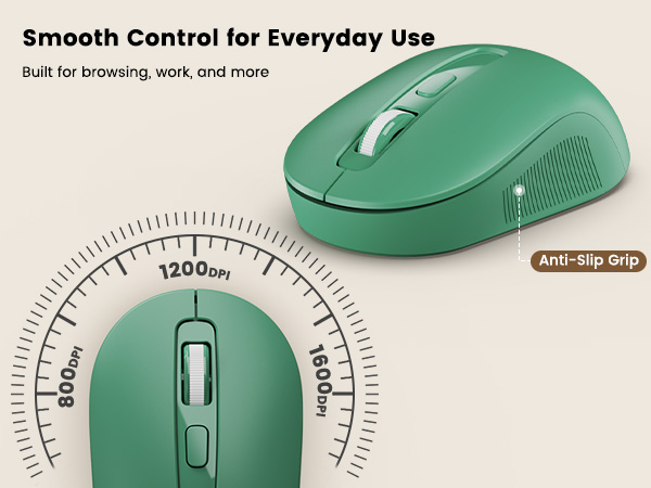 Forest Green wireless mouse with DPI switch and anti-slip grip for smooth everyday control.