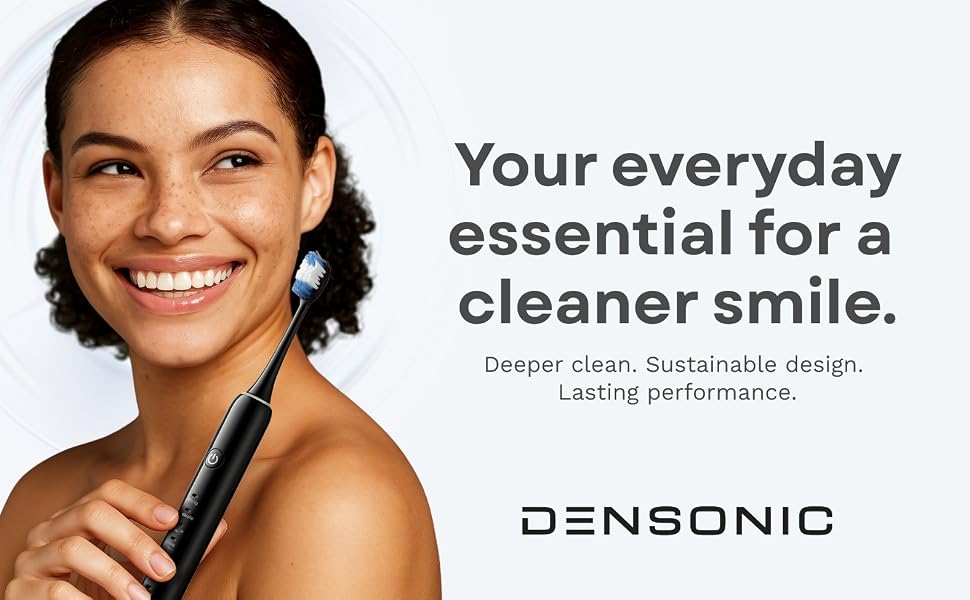 woman holding a Densonsonic toothbrush with the text ‘Your everyday essential for a cleaner smile.’