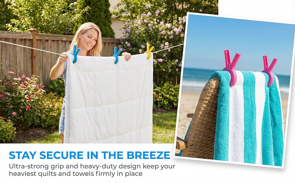 Strong grip heavy-duty clothespins for quilts and towels.