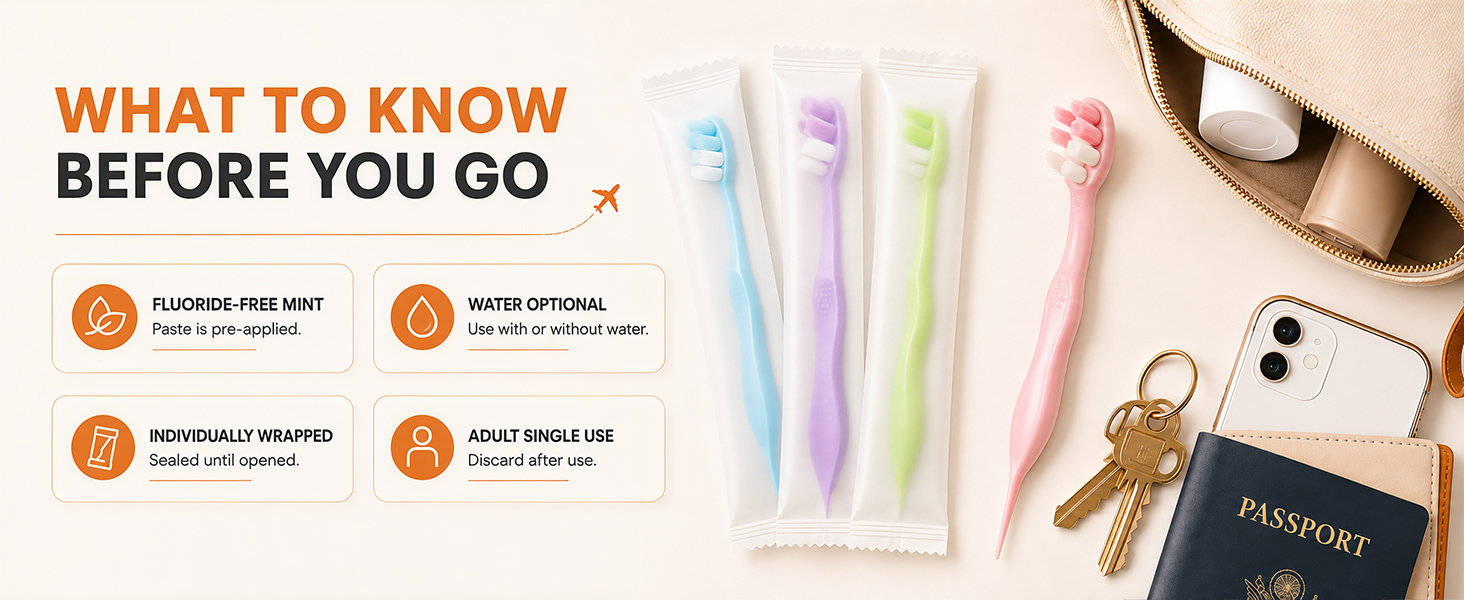 TuckPoki prepasted toothbrush features: fluoride-free mint, water optional, individually wrapped.