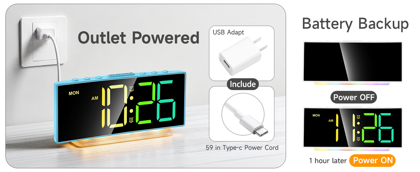 USB power adapter included 59 inch cord outlet powered clock with battery backup for power outage
