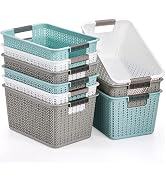 Lawei 9 Pack Plastic Storage Baskets, 10.5 x 7.1 x 5.5 Inch Weave Storage Bins with Handle, Plast...