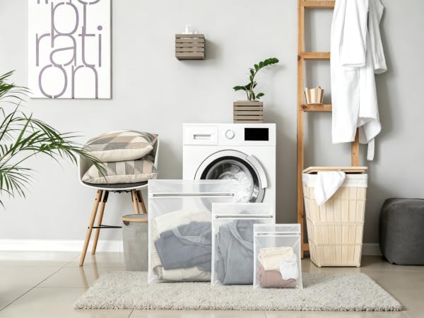 In a laundry room, there are plants and decorations on the side, and laundry bags in the middle.