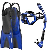 Aegend Snorkeling Gear for Adults Men Women: Anti-Fog Panoramic Mask Set, Adjustable Fins & Dry T...