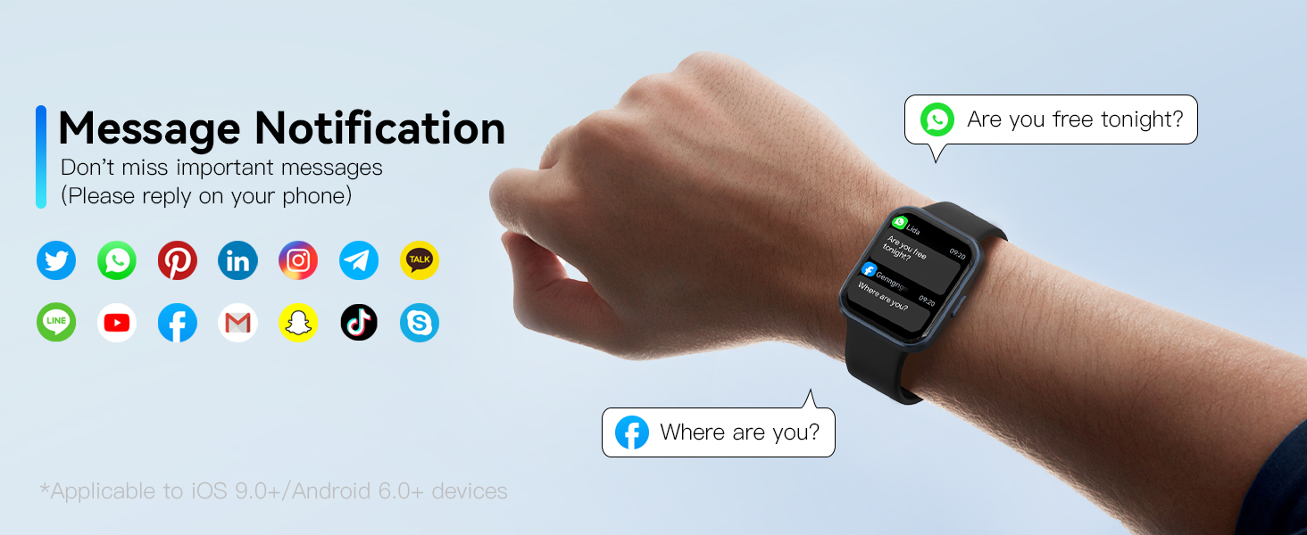 Text reads 'Message Notification'. Screenshot series showing smartwatch interface with various app notification icons and interaction demonstrations.
