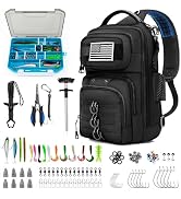 Fishing Sling Bag with Tackle Box, MOLLE System Fishing Backpack with Fishing Lures Kit, Fish Hoo...