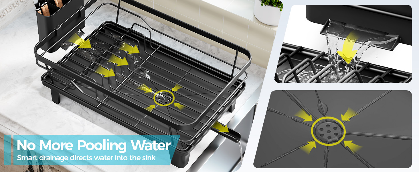 Text reads: 'No More Pooling Water'. Black device with yellow accents shown in two views with water drainage feature highlighted, demonstrating improved water management system design.