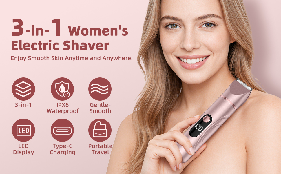 Text reads: '3-in-1 Women's Electric Shaver.' Product features shown: 3-in-1, Waterproof, Smooth, LED Display, Charging, Travel. Pink electric shaver device shown against pink background.