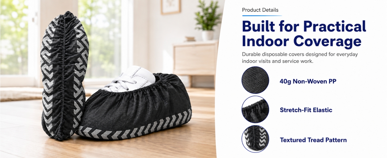Black disposable shoe covers showing elastic fit and textured tread pattern