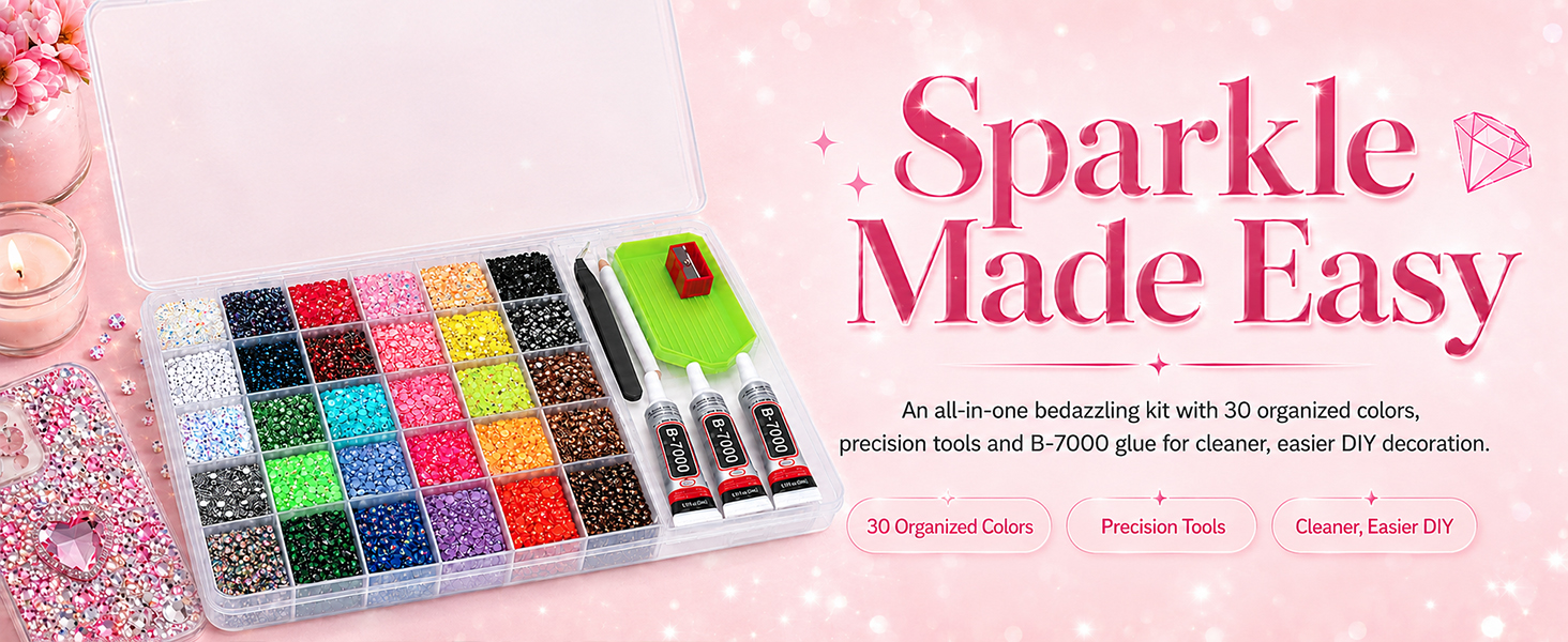 30-color bedazzling kit with flatback rhinestones, B7000 glue, tools and organized trays