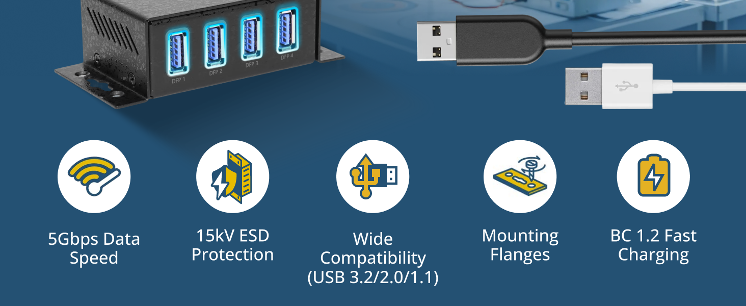 4-port powered USB hub with 5Gbps data speed, ESD protection, wide compatibility, and fast charging
