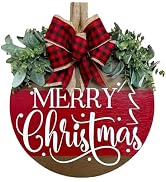Ksdkrme Christmas Door Wreath, Merry Christmas Sign with Bow Decor | Wooden Welcome Wreaths Hange...