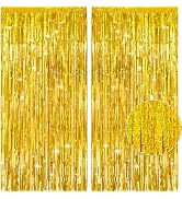jijAcraft Gold Foil Fringe Curtains Backdrop, 3.2ft x 8.2ft Metallic Backdrop for Festive Photo M...