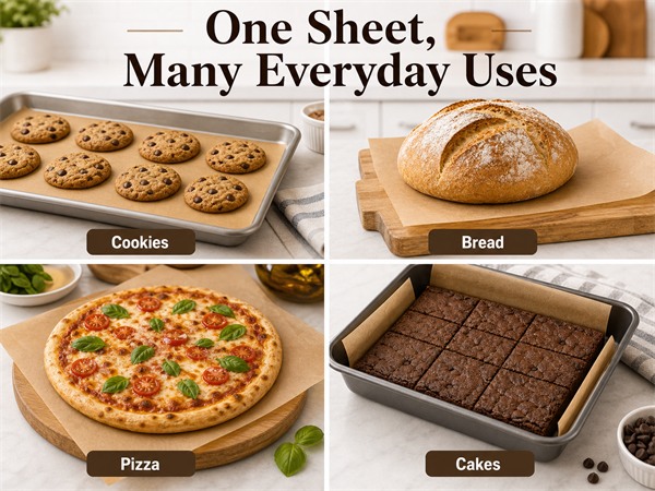 MZZURR parchment sheets shown with cookies, bread, pizza, and baking scenes.
