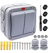 Taiss Outdoor Switch IP66 Waterproof Switch with Red LED Indicator,2-Gang 2-Way SPDT Double Light...