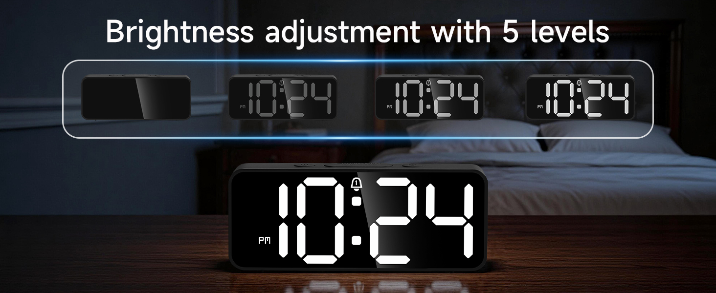 5 level brightness dimmer LED alarm clock adjustable display for nightstand bedroom white digits