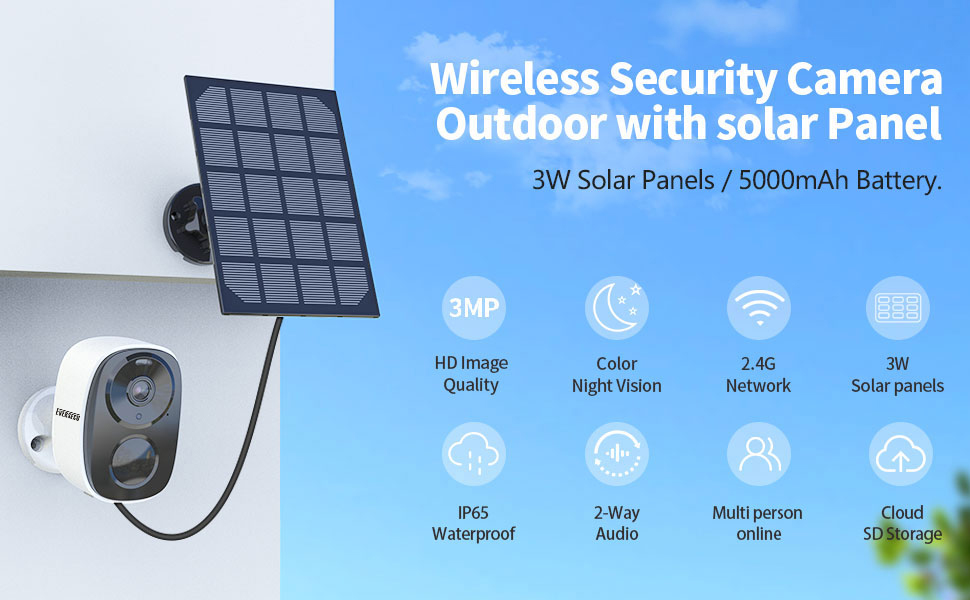 EVERSECU 2K 3MP Solar-Powered Wireless Security Camera Support Pairing Via Bluetooth