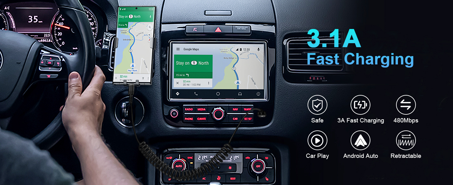iphone 16 pro max car charger android auto usb cable coiled retractable iphone 16e fast charging