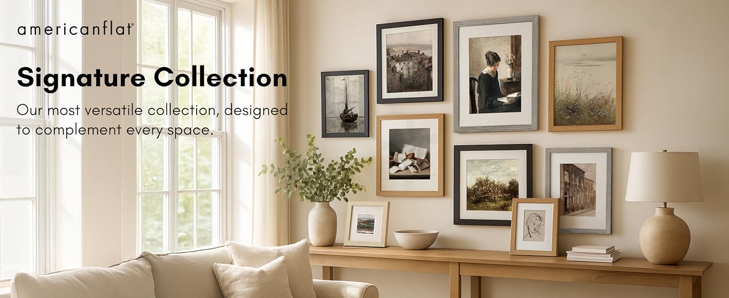 Picture Frames hanging on a beige wall displaying vintage art