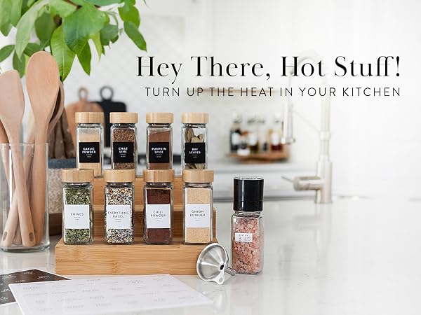 spice jars, bamboo spice jars, home organization, savvy and sorted, spice, labels, funnel, grinder