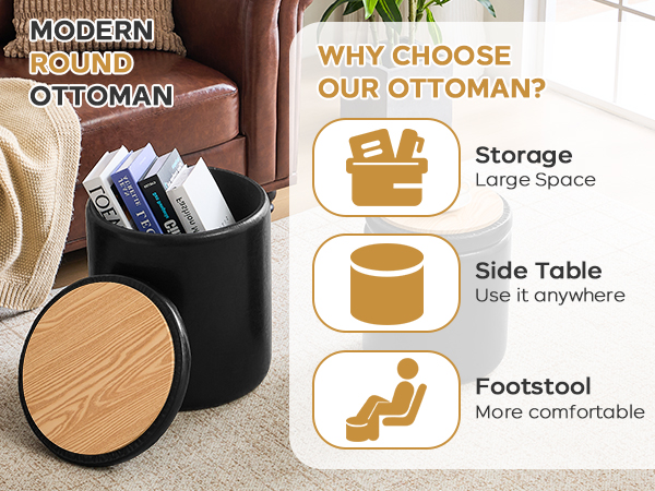 oakvivo Round Ottoman Foot Stool with Storage Set of 2, Storage Ottoman, Faux Leather Footstool