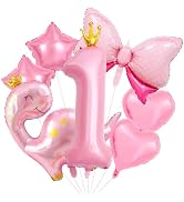 40 Inch 1 Balloon Number, Cute Crown Dinosaur Balloons, Star Bow Heart Balloons, Pastel Pink dino...