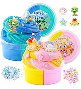 Collection of colorful slime toys in butter and cloud textures, displayed in circular containers with decorative charms and glitter accents.