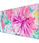Chinoiserie Watercolor Floral Desk Mat - Pink Flower & Teal Leaves Large Mouse pad - XXL Non-Slip...