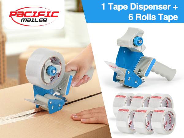 Heavy duty tape dispenser with 6 rolls clear packing tape for shipping, moving and warehouse use