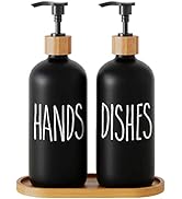 Glass Soap Dispenser Set with Wooden Tray,17 oz Hand Soap Dispenser,Matte Black Soap Dispenser Su...