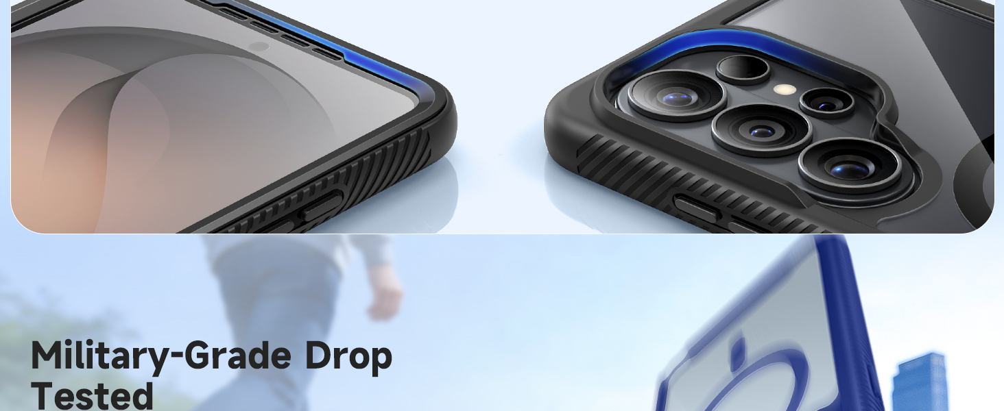 Text reads "Military-Grade Drop Tested." Two protective phone cases shown side-by-side - one light gray and one dark blue/black - displaying durability features.