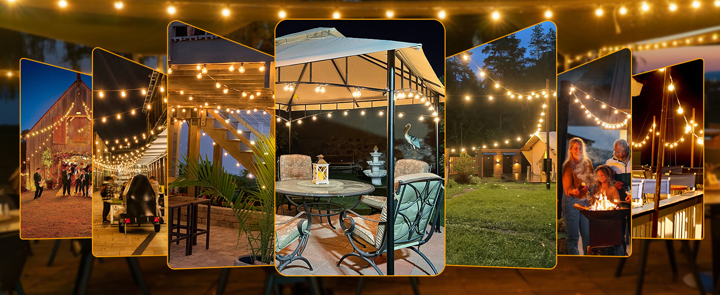 Collage of outdoor scenes with string lights. Features various settings including patio, garden, and event spaces illuminated by warm glowing bulbs creating a cozy atmosphere.