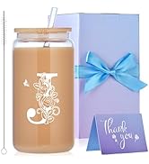 MAFYE Initial Glass Cups with Lids and Straws, Monogrammed Gifts for Women, 16oz Beer Glass Tumbl...