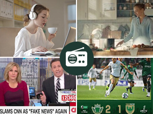 Composite image with six panels showing various scenes: person with headphones, kitchen scene, news anchors, radio icon, soccer players, and text overlay mentioning 'fake news'.