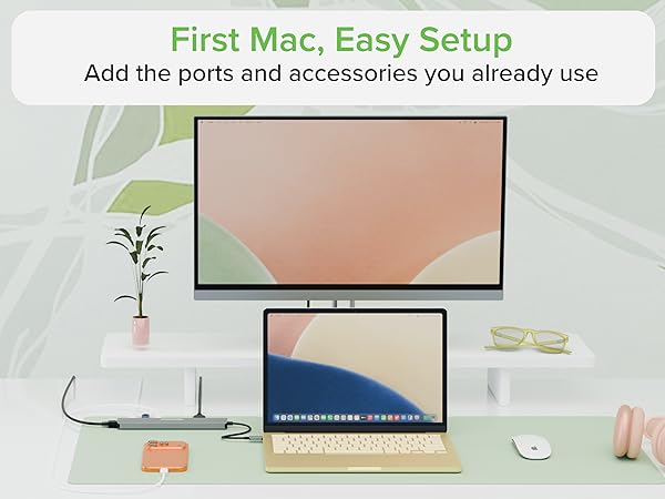 usbc hub in Mac desk setup with monitor laptop mouse headphones and First Mac Easy Setup text