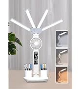 niccryle Led Desk Lamp with Fan Study Light with Clock, Adjustable Foldable Table Lamp with Pen H...