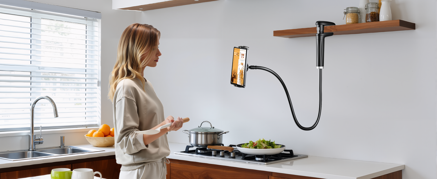 Looking at recipes in the kitchen