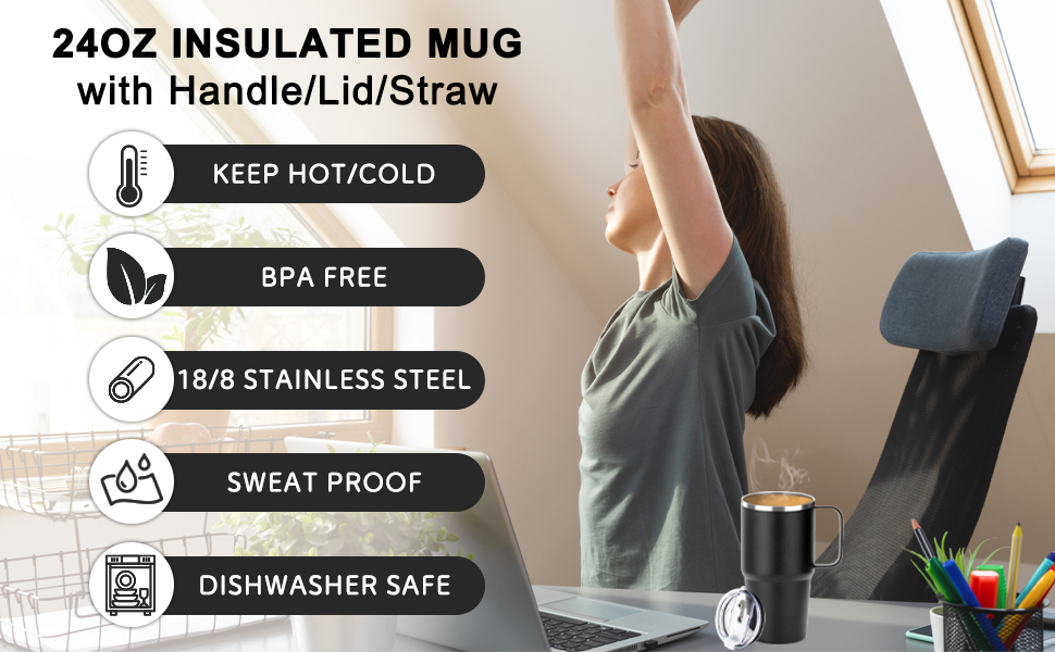 Sursip 24 oz Insulated Tumbler with Handle/Straw/2 Lids