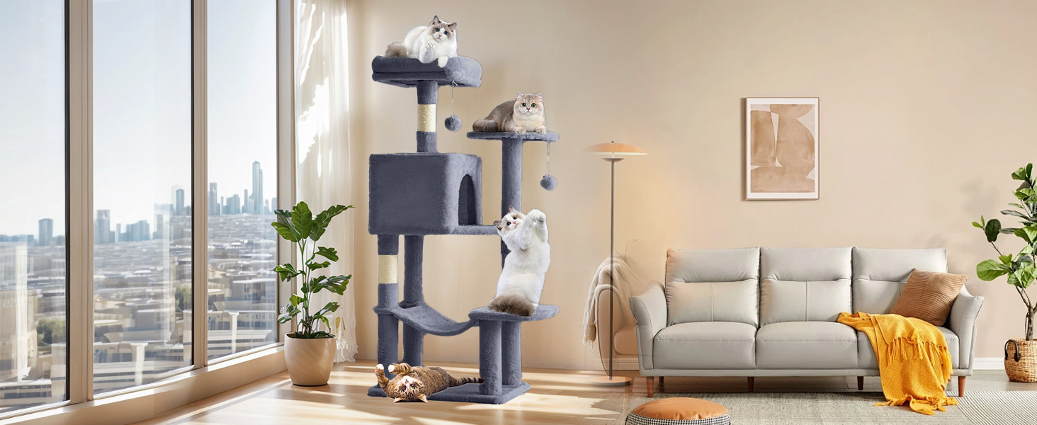 Sweetcrispy 44 inch Cat Tree with Condo, Scratching Posts, Platform, Hammock